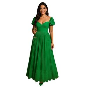 Self-Portrait Green Pleated Midi Dress | Lace Trim | Size US 4